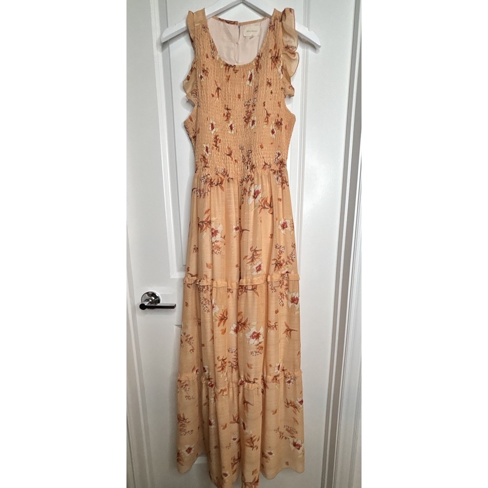 Melloday Women's Large Peach‎ Boho Floral Smocked  Tiered Maxi Dress - Picture 4 of 16